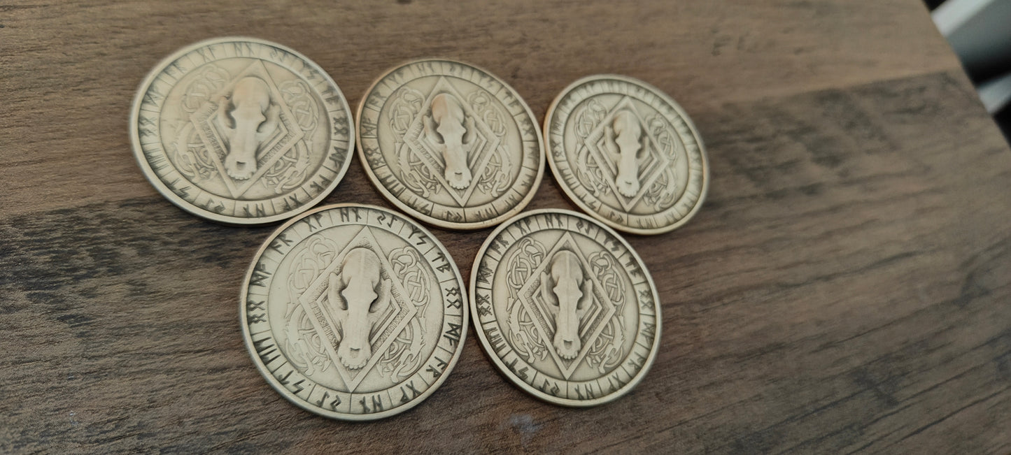 5 Grimdark metal objective markers - Space Viking Wolves 3d Wolf Skull